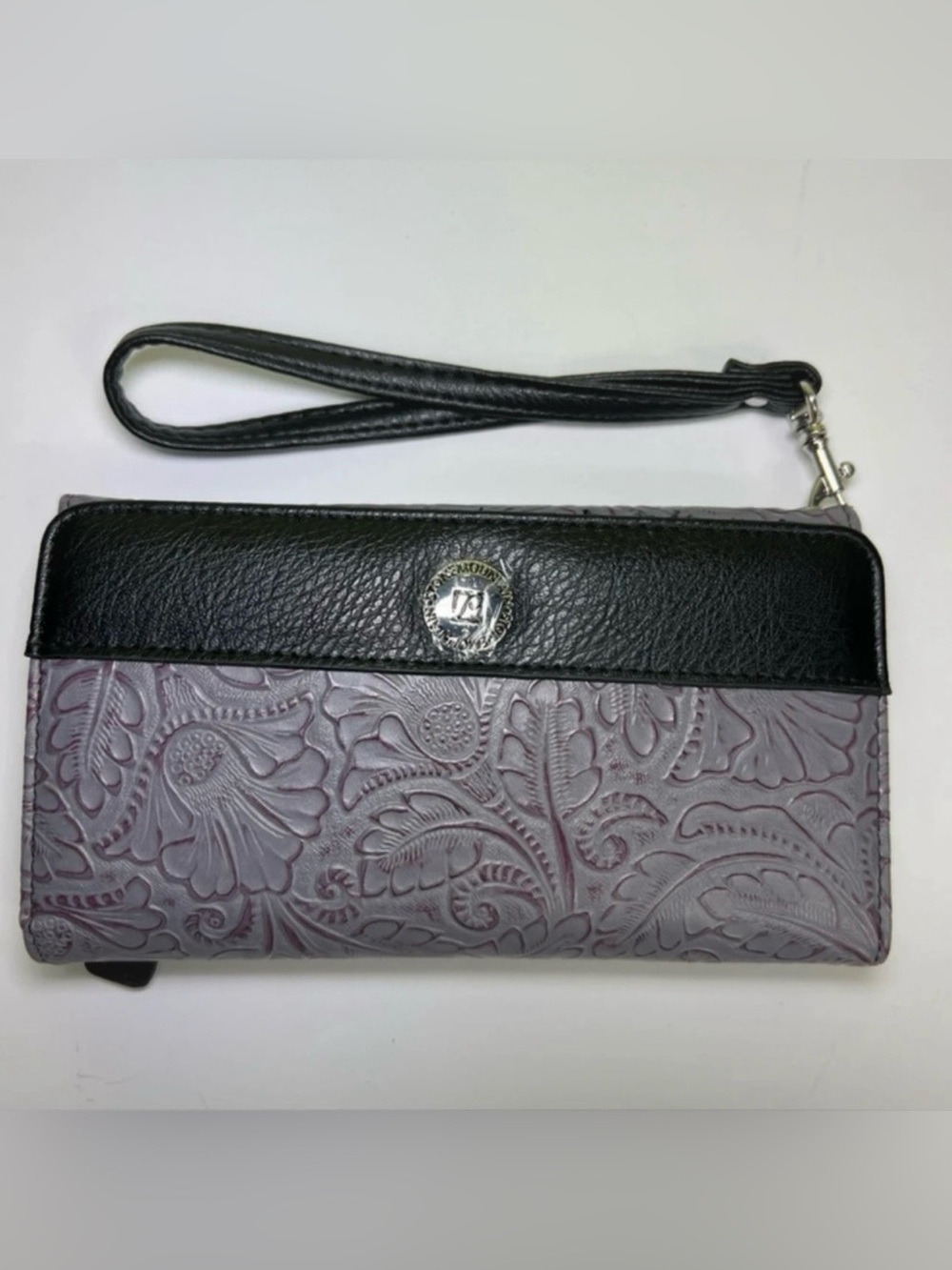 Stone Mountain Floral Embossed Wristlet Wallet Purple Gray Black RFID Organizer